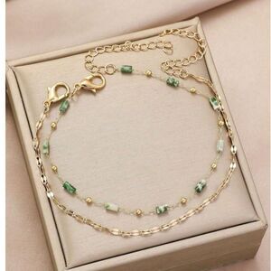 2pc Natural Green Beaded Gold Bracelet Crystal Gemstone Chain Layer Adjustable